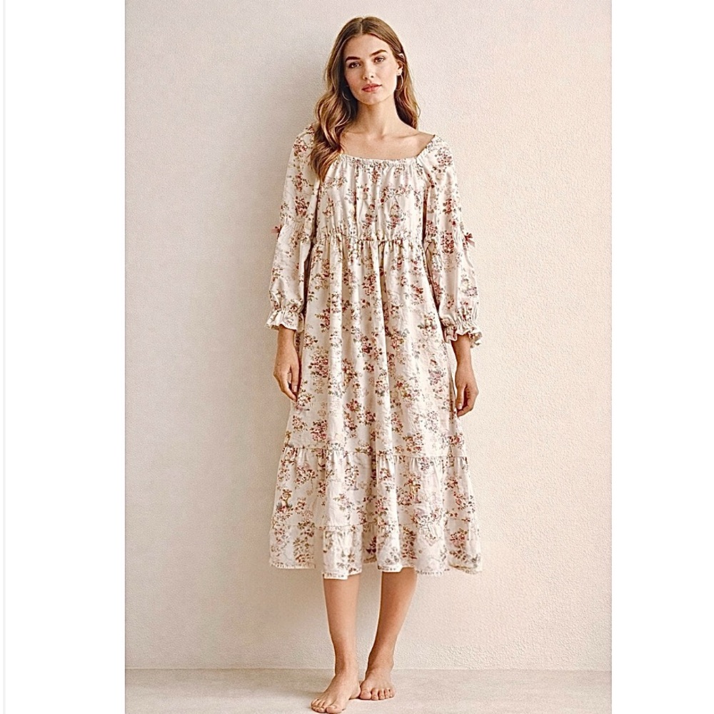 NEW ULLALA ELENA'S ROCOCO REVERIE COTTON NIGHTGOWN FLORAL PRINT ECRU SIZE L